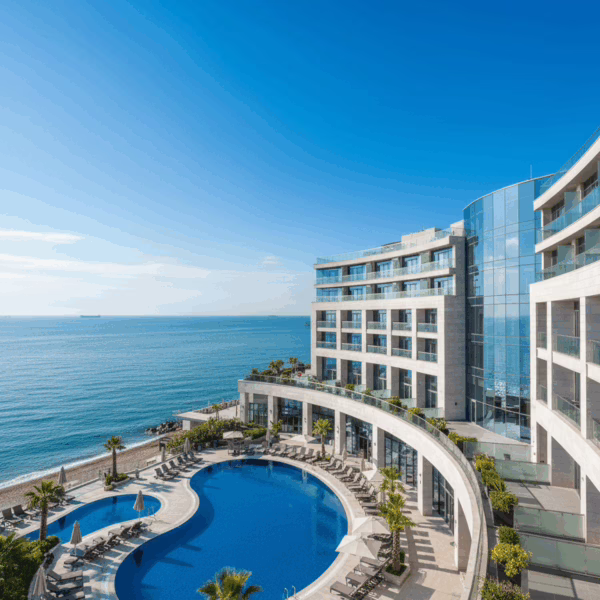 Luxury seaside view of Hyatt Regency Istanbul Ataköy with an elegant outdoor pool, sun loungers, and panoramic views of the Marmara Sea. Al’s Taxi provides premium private airport transfer service from Istanbul Airport (IST) and Sabiha Gökçen Airport (SAW) to Hyatt Regency Ataköy, ensuring a comfortable and family-friendly travel experience.